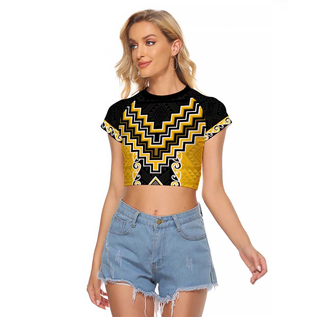 Yellow Niho Taniwha Mix Poutama Raglan Cropped T Shirt Unique Taniko Aotearoa LT01 Female Yellow - Polynesian Pride