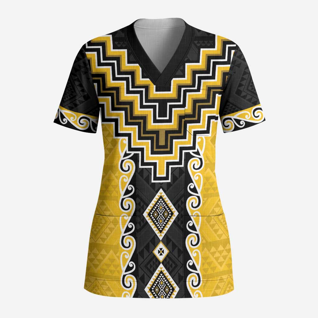 Yellow Niho Taniwha Mix Poutama Scrub Top Unique Taniko Aotearoa LT01 Adult Yellow - Polynesian Pride
