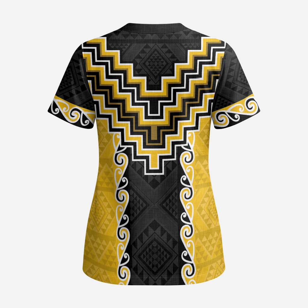 Yellow Niho Taniwha Mix Poutama Scrub Top Unique Taniko Aotearoa LT01 - Polynesian Pride