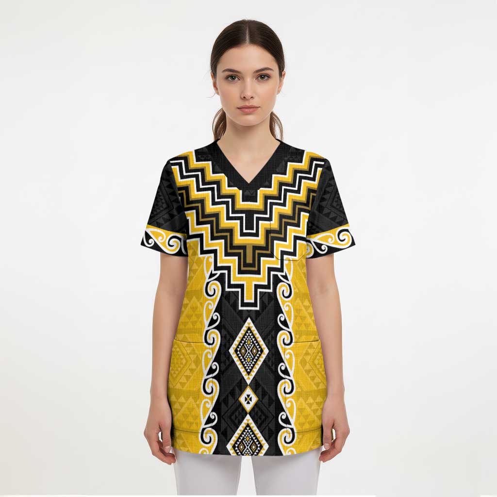 Yellow Niho Taniwha Mix Poutama Scrub Top Unique Taniko Aotearoa LT01 - Polynesian Pride