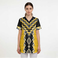 Yellow Niho Taniwha Mix Poutama Scrub Top Unique Taniko Aotearoa LT01 - Polynesian Pride