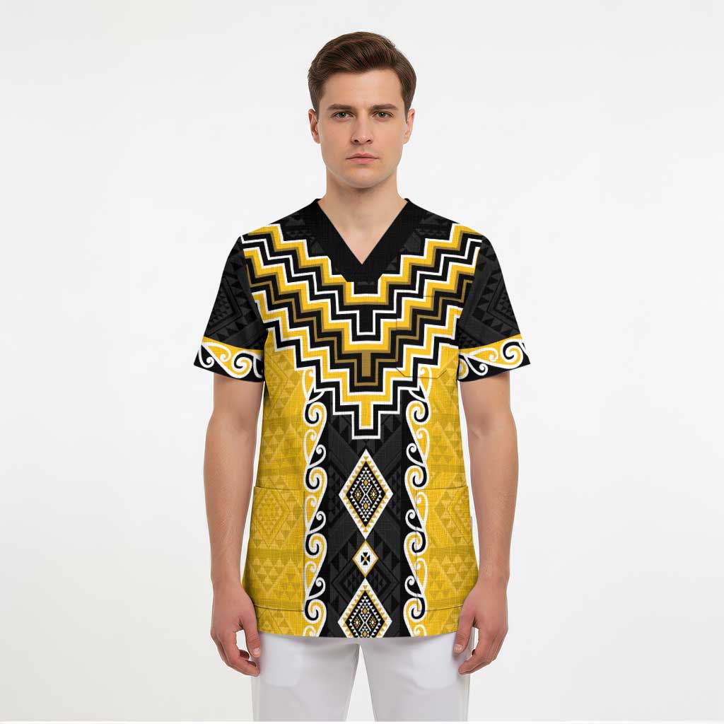 Yellow Niho Taniwha Mix Poutama Scrub Top Unique Taniko Aotearoa LT01 - Polynesian Pride