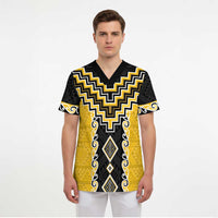 Yellow Niho Taniwha Mix Poutama Scrub Top Unique Taniko Aotearoa LT01 - Polynesian Pride
