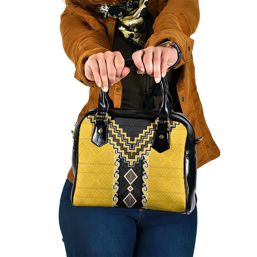 Yellow Niho Taniwha Mix Poutama Shoulder Handbag Unique Taniko Aotearoa