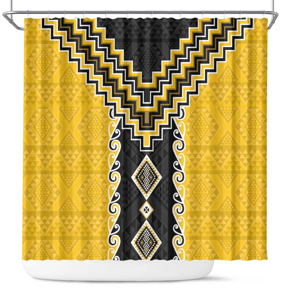 Yellow Niho Taniwha Mix Poutama Shower Curtain Unique Taniko Aotearoa