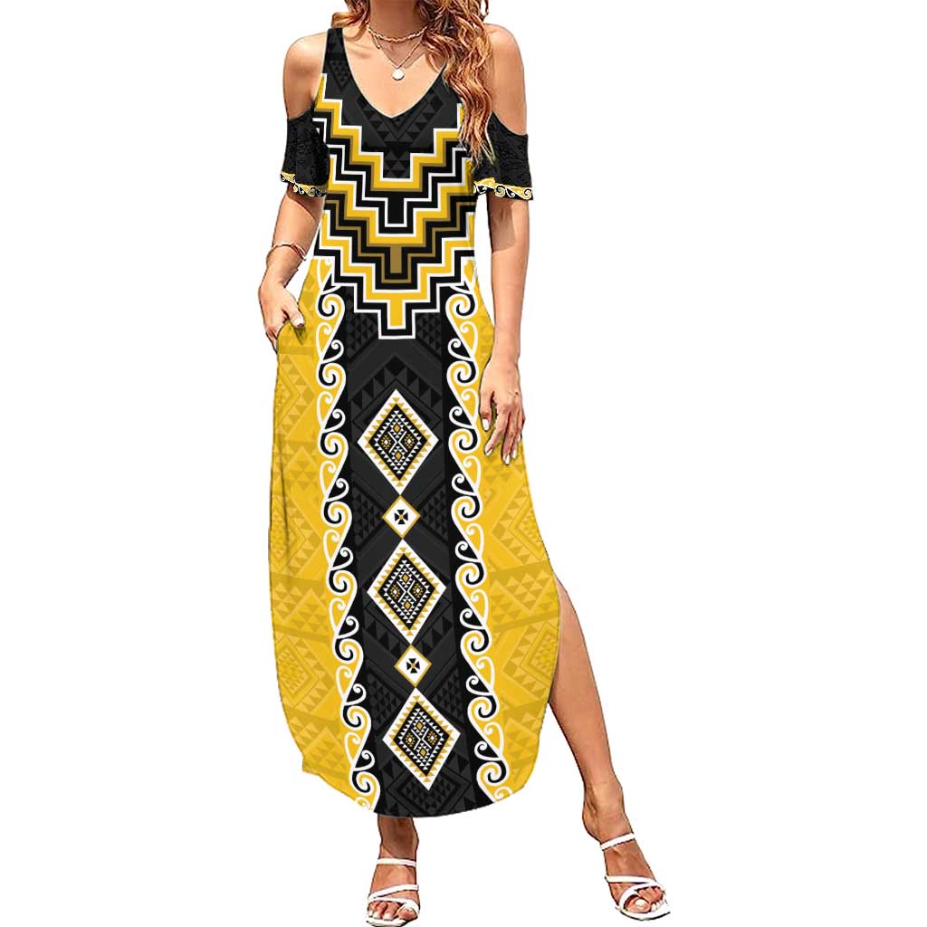 Yellow Niho Taniwha Mix Poutama Summer Maxi Dress Unique Taniko Aotearoa