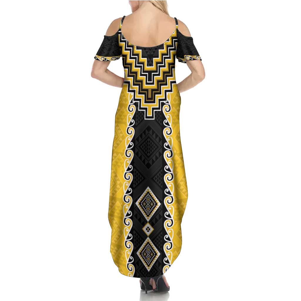 Yellow Niho Taniwha Mix Poutama Summer Maxi Dress Unique Taniko Aotearoa LT01 - Polynesian Pride