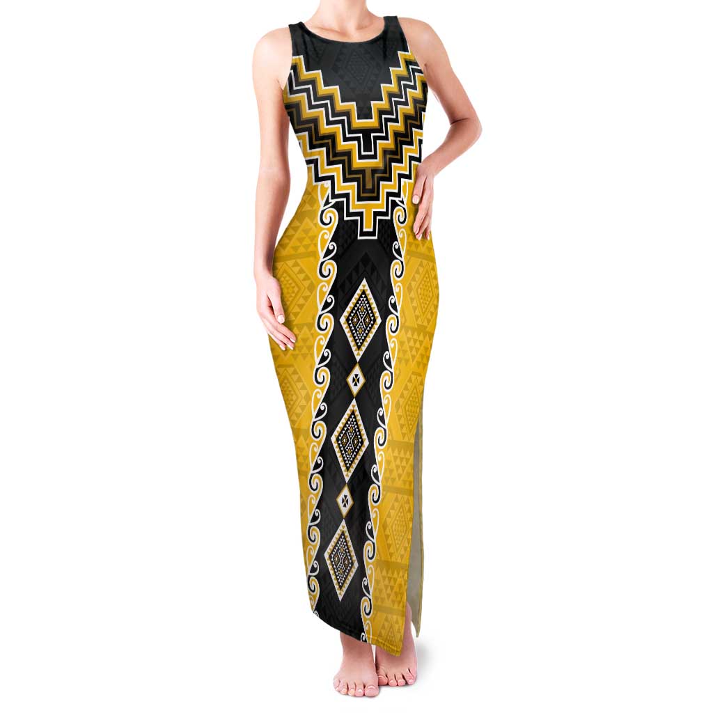 Yellow Niho Taniwha Mix Poutama Tank Maxi Dress Unique Taniko Aotearoa LT01 Women Yellow - Polynesian Pride
