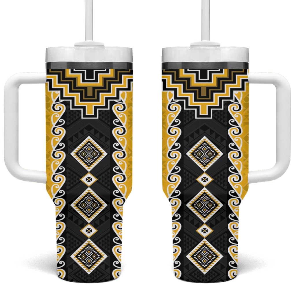Yellow Niho Taniwha Mix Poutama Tumbler With Handle Unique Taniko Aotearoa LT01 One Size: 40 oz Yellow - Polynesian Pride