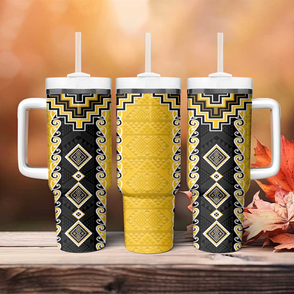 Yellow Niho Taniwha Mix Poutama Tumbler With Handle Unique Taniko Aotearoa LT01 - Polynesian Pride