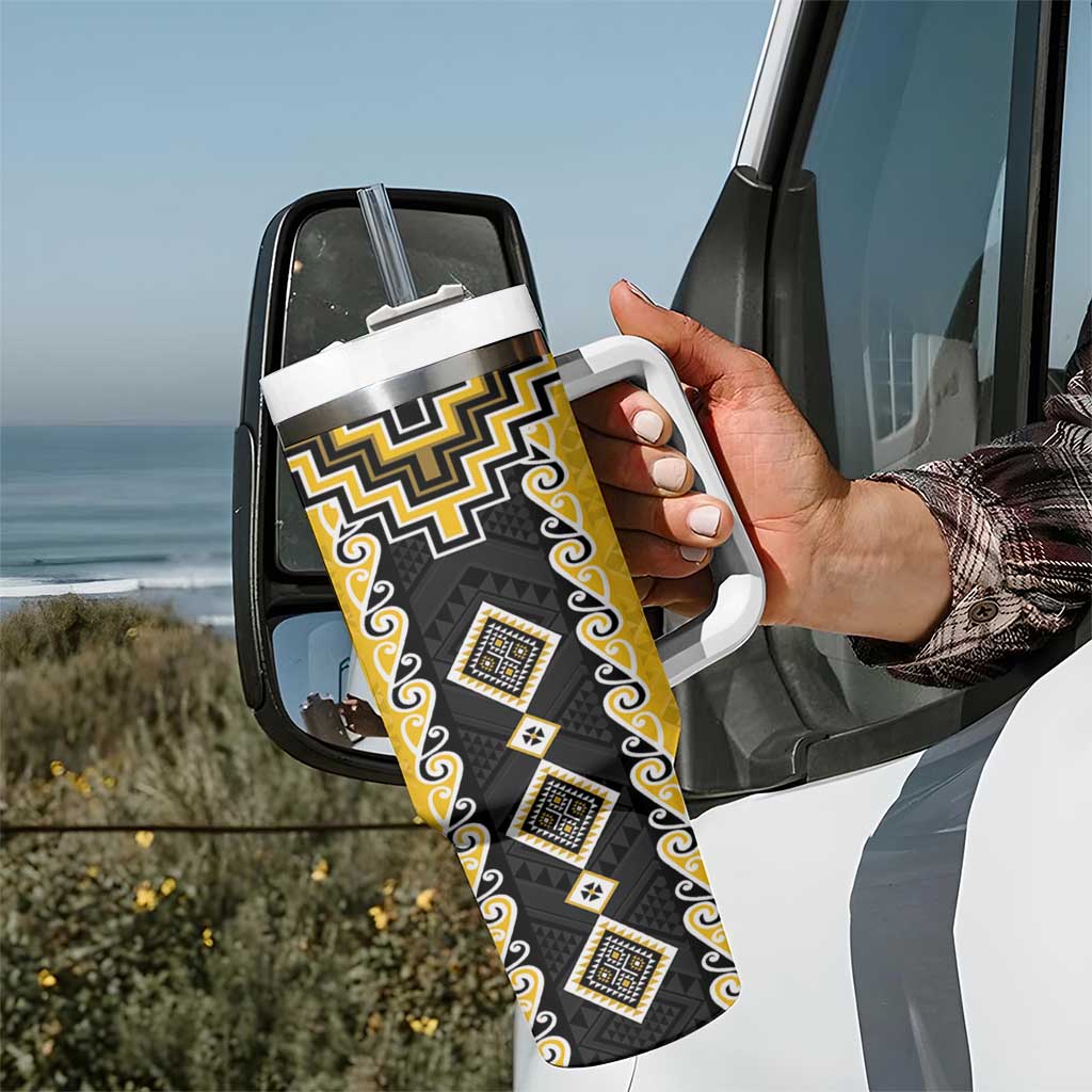 Yellow Niho Taniwha Mix Poutama Tumbler With Handle Unique Taniko Aotearoa LT01 - Polynesian Pride