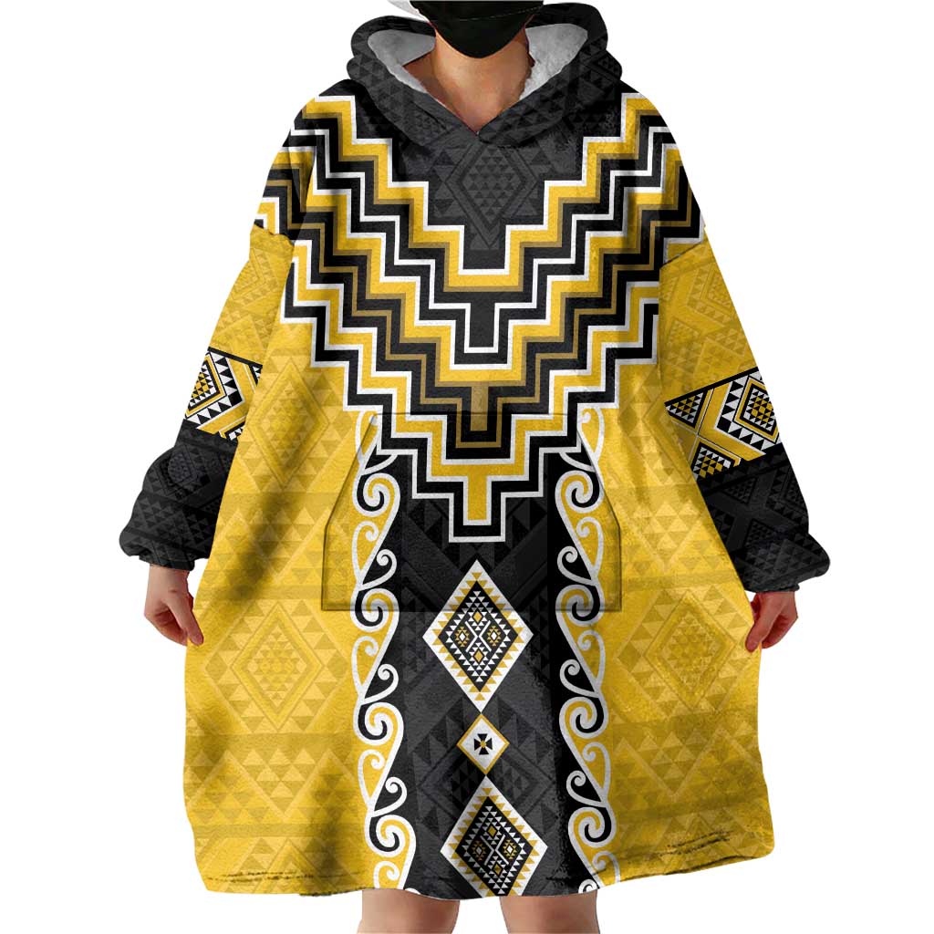 Yellow Niho Taniwha Mix Poutama Wearable Blanket Hoodie Unique Taniko Aotearoa LT01 - Polynesian Pride