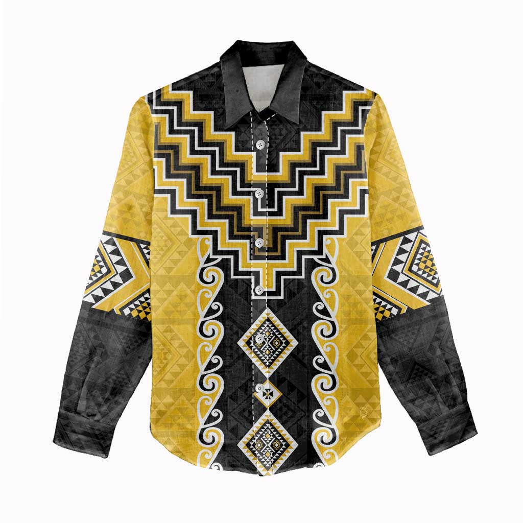 Yellow Niho Taniwha Mix Poutama Women Casual Shirt Unique Taniko Aotearoa