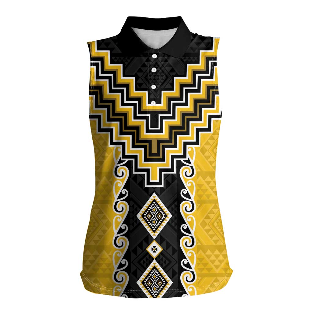 Yellow Niho Taniwha Mix Poutama Women Sleeveless Polo Shirt Unique Taniko Aotearoa