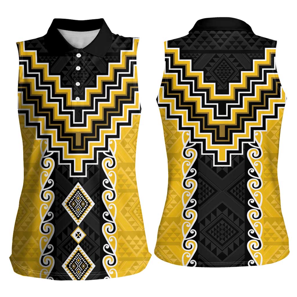 Yellow Niho Taniwha Mix Poutama Women Sleeveless Polo Shirt Unique Taniko Aotearoa
