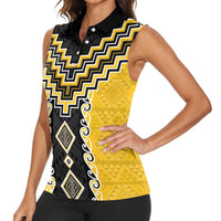 Yellow Niho Taniwha Mix Poutama Women Sleeveless Polo Shirt Unique Taniko Aotearoa