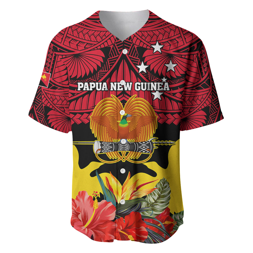 Papua New Guinea Baseball Jersey Bird Of Paradise Mix Polynesian Pattern LT01 Red - Polynesian Pride