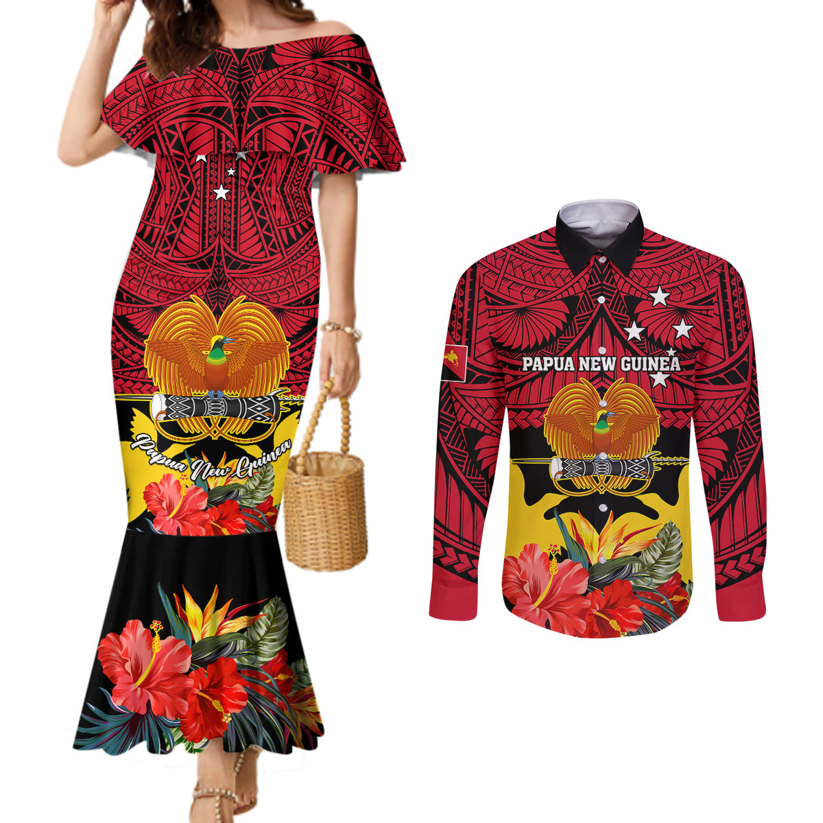 Papua New Guinea Couples Matching Mermaid Dress and Long Sleeve Button Shirts Bird Of Paradise Mix Polynesian Pattern LT01 Red - Polynesian Pride