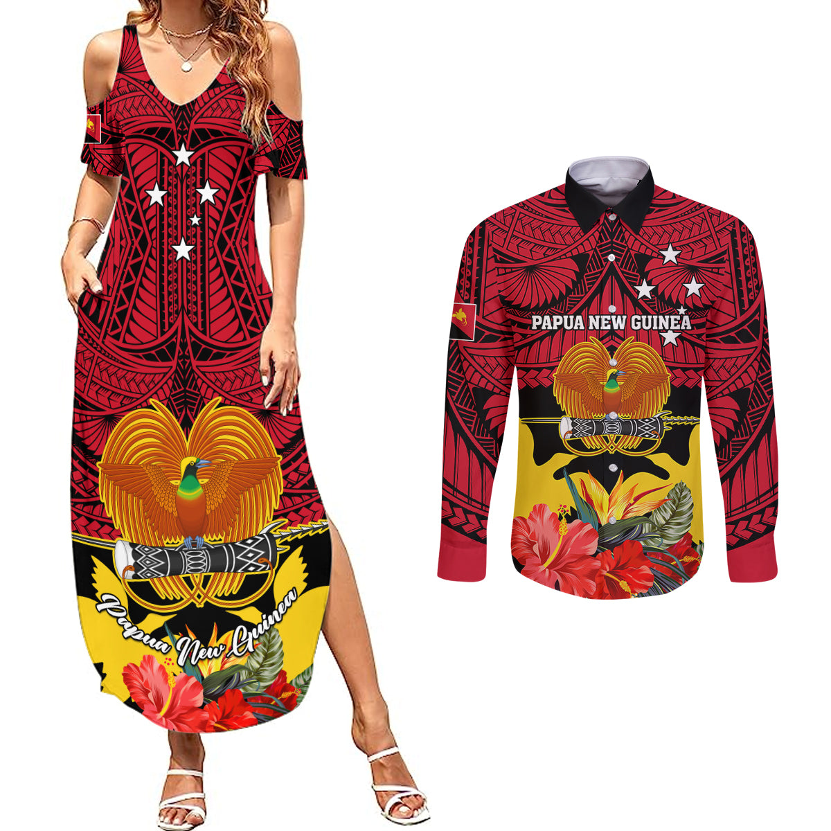 Papua New Guinea Couples Matching Summer Maxi Dress and Long Sleeve Button Shirts Bird Of Paradise Mix Polynesian Pattern LT01 Red - Polynesian Pride