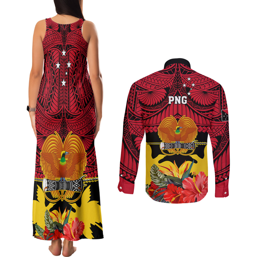 Papua New Guinea Couples Matching Tank Maxi Dress and Long Sleeve Button Shirts Bird Of Paradise Mix Polynesian Pattern LT01 - Polynesian Pride