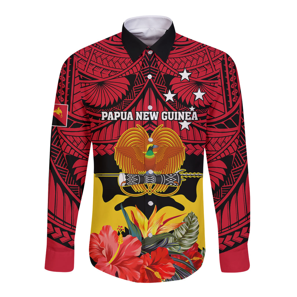 Papua New Guinea Long Sleeve Button Shirt Bird Of Paradise Mix Polynesian Pattern LT01 Unisex Red - Polynesian Pride