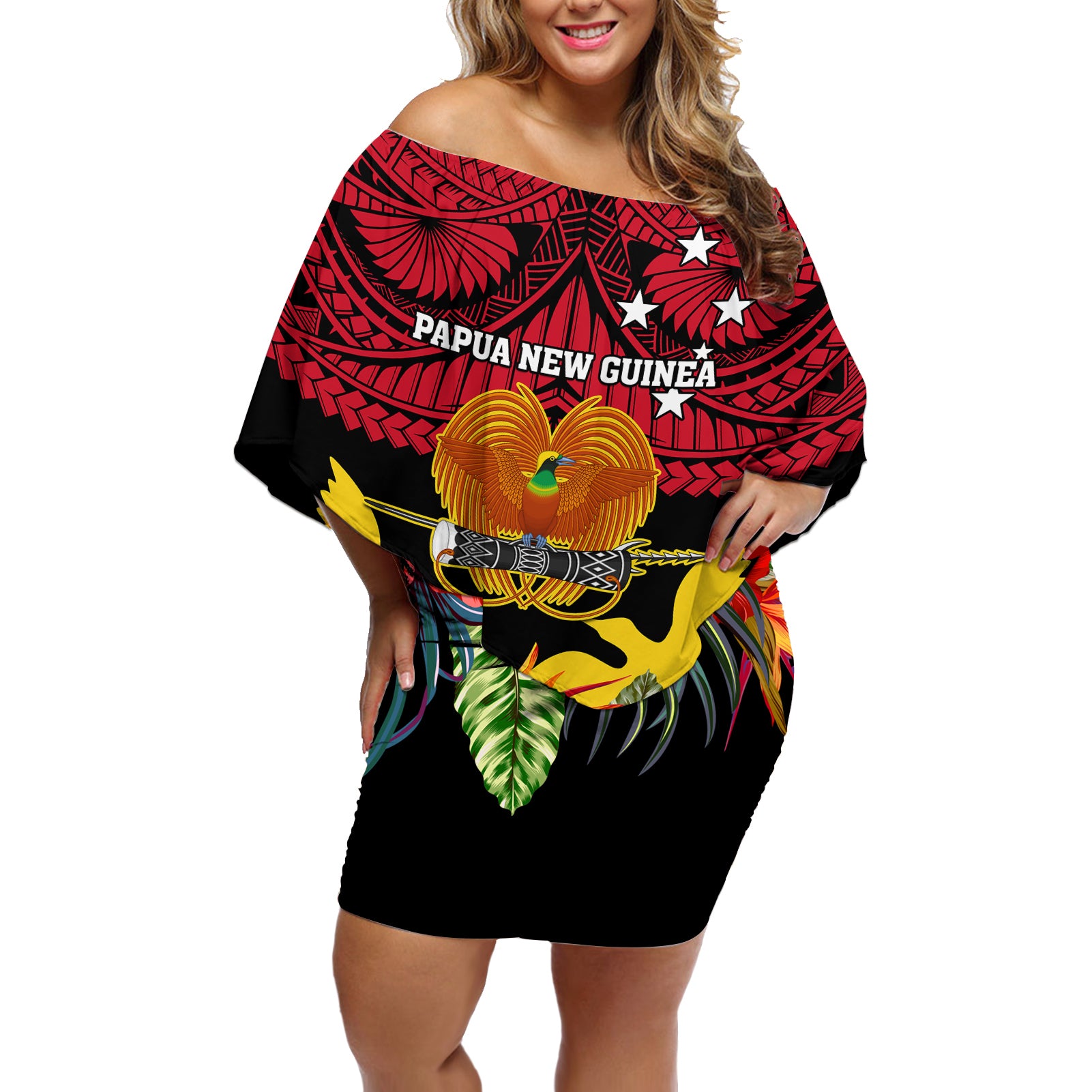 Papua New Guinea Off Shoulder Short Dress Bird Of Paradise Mix Polynesian Pattern LT01 Women Red - Polynesian Pride