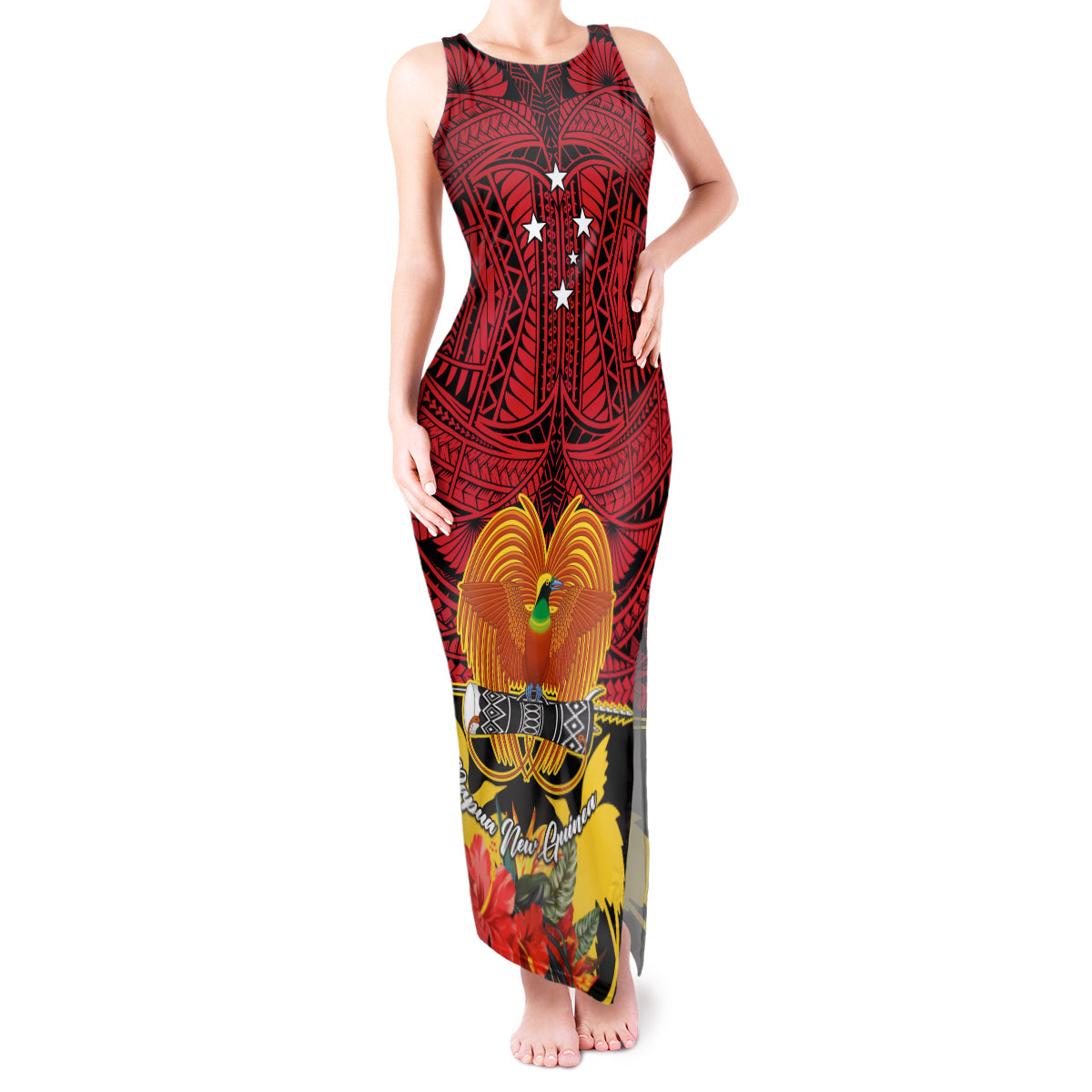 Papua New Guinea Tank Maxi Dress Bird Of Paradise Mix Polynesian Pattern LT01 Women Red - Polynesian Pride