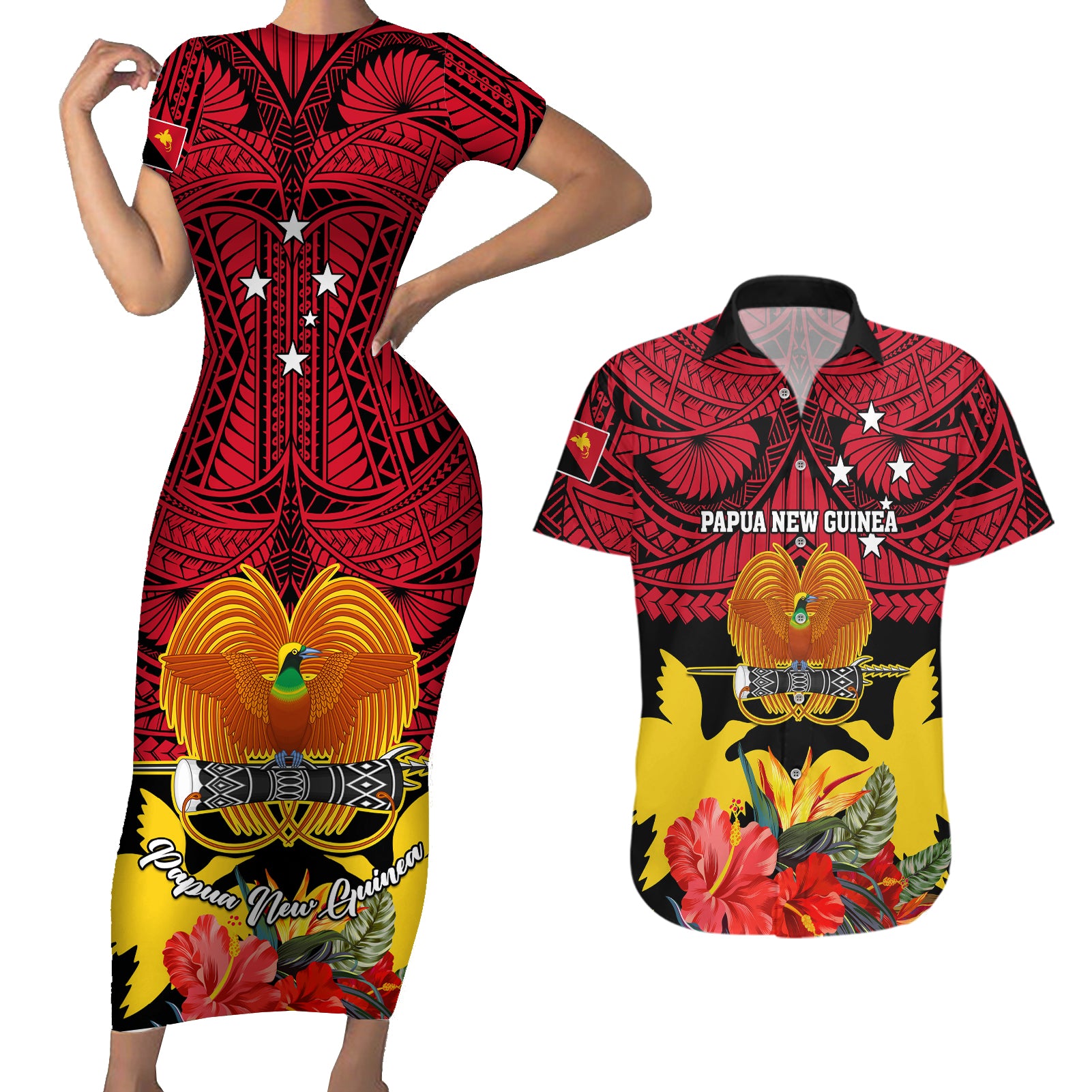 Personalised Papua New Guinea Couples Matching Short Sleeve Bodycon Dress and Hawaiian Shirt Bird Of Paradise Mix Polynesian Pattern LT01 Red - Polynesian Pride