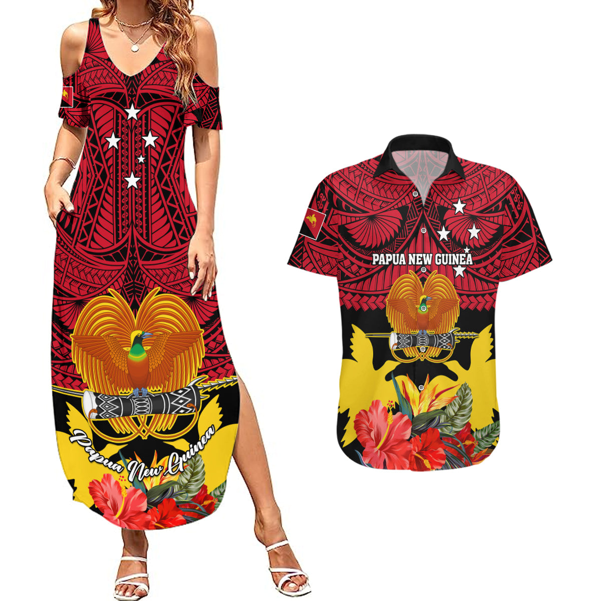 Personalised Papua New Guinea Couples Matching Summer Maxi Dress and Hawaiian Shirt Bird Of Paradise Mix Polynesian Pattern LT01 Red - Polynesian Pride