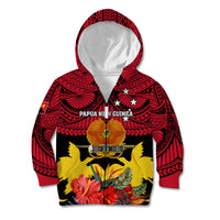 Personalised Papua New Guinea Kid Hoodie Bird Of Paradise Mix Polynesian Pattern LT01 Zip Hoodie Red - Polynesian Pride