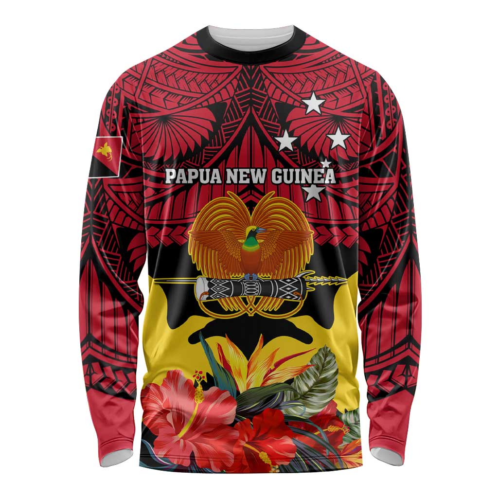 Personalised Papua New Guinea Long Sleeve Shirt Bird Of Paradise Mix Polynesian Pattern LT01 Unisex Red - Polynesian Pride