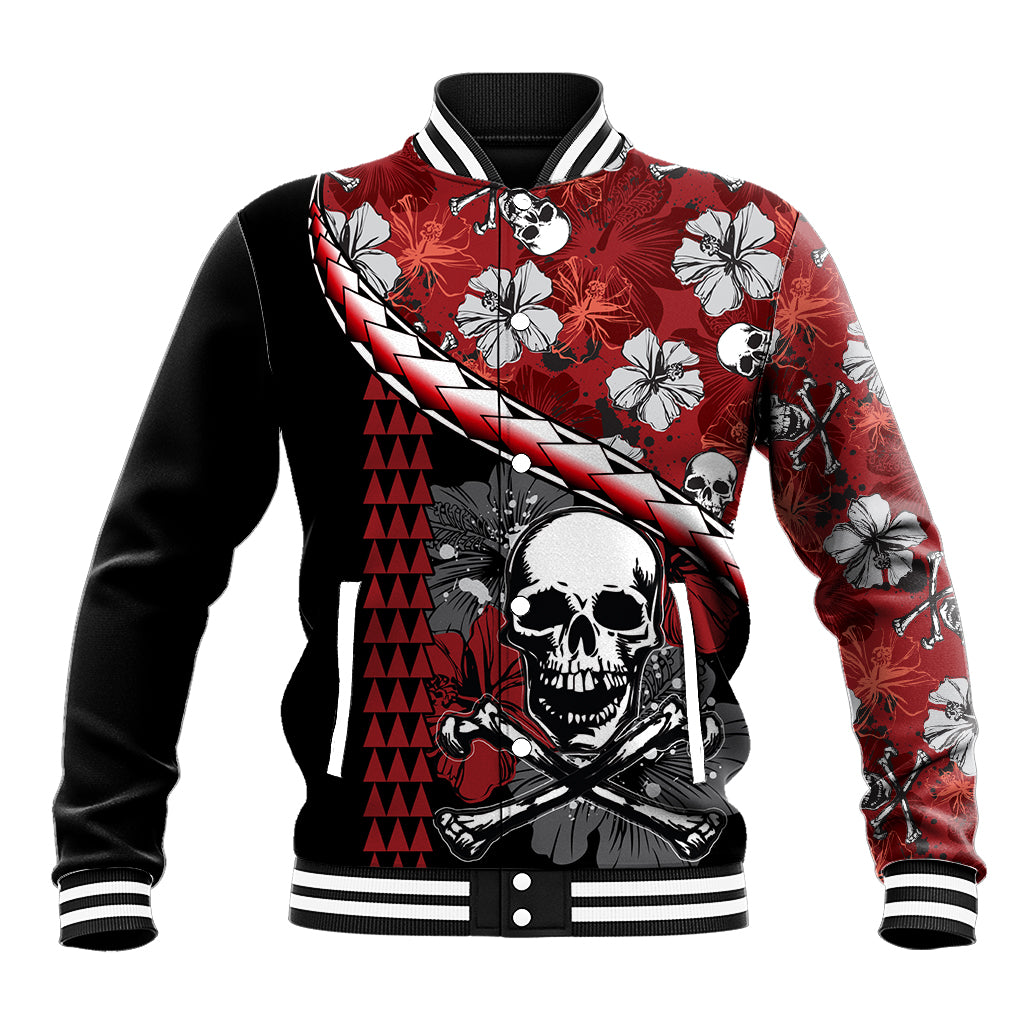 Hawaii Halloween Baseball Jacket Hibiscus Skull Kakau Pattern LT01 Unisex Red - Polynesian Pride