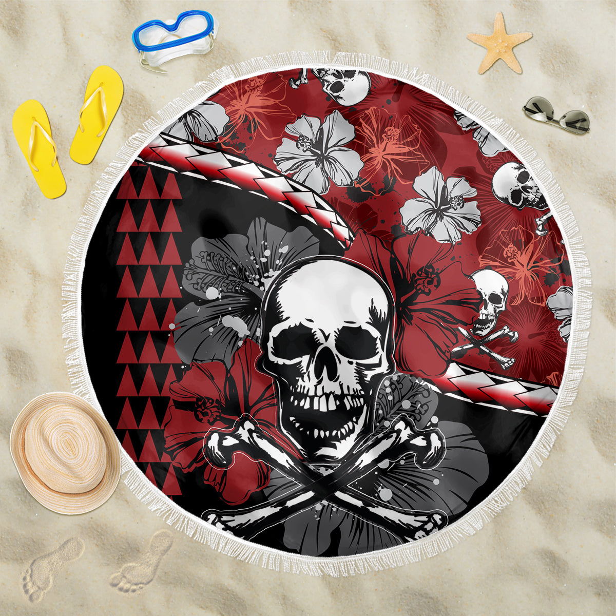 Hawaii Halloween Beach Blanket Hibiscus Skull Kakau Pattern LT01 One Size 150cm Red - Wonder Print Shop