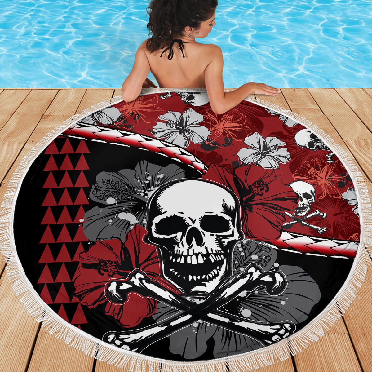 Hawaii Halloween Beach Blanket Hibiscus Skull Kakau Pattern LT01 - Wonder Print Shop