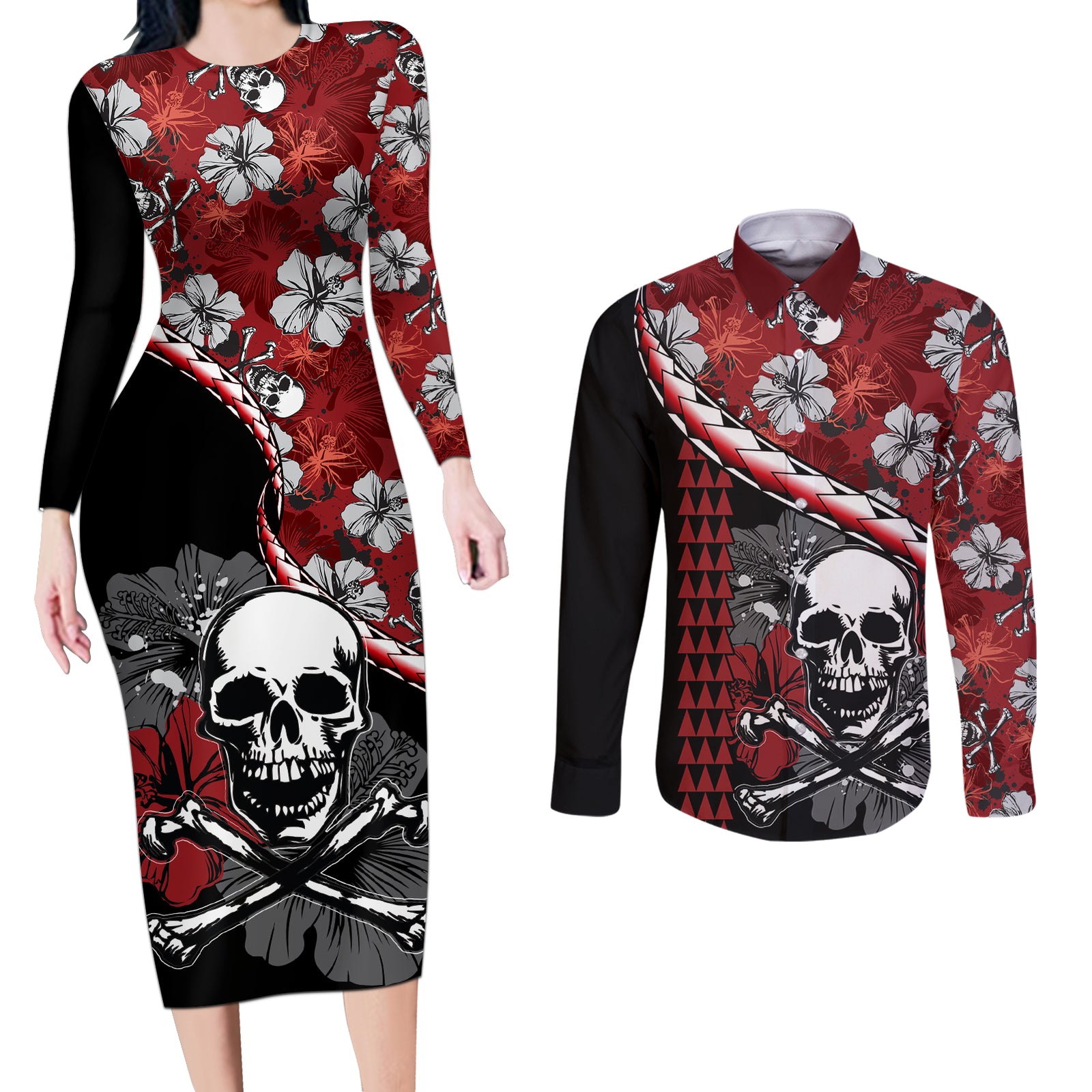 Hawaii Halloween Couples Matching Long Sleeve Bodycon Dress and Long Sleeve Button Shirts Hibiscus Skull Kakau Pattern LT01 Red - Polynesian Pride