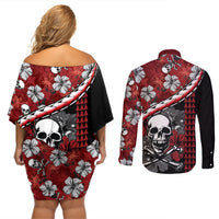 Hawaii Halloween Couples Matching Off Shoulder Short Dress and Long Sleeve Button Shirts Hibiscus Skull Kakau Pattern LT01 - Polynesian Pride