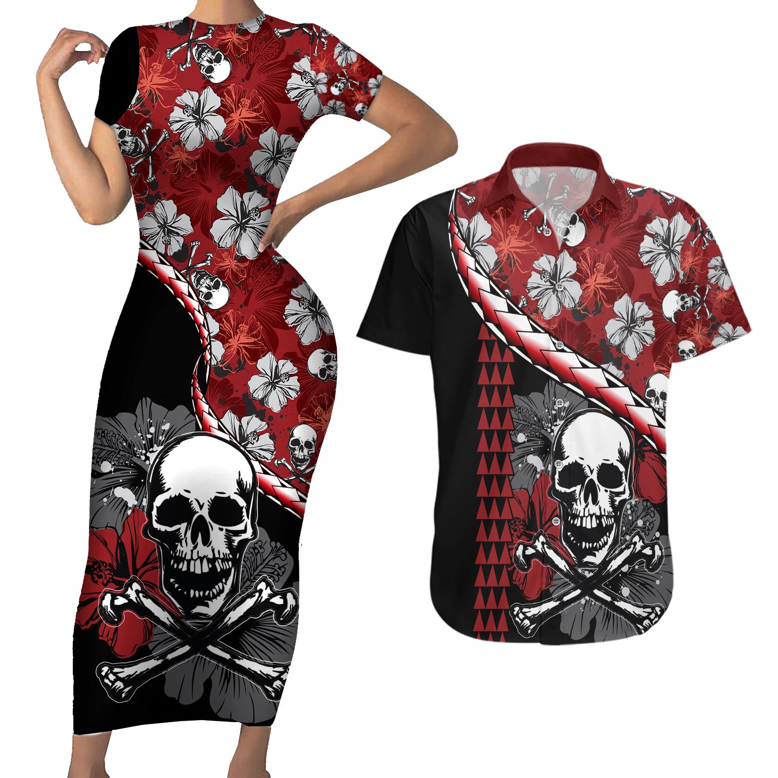 Hawaii Halloween Couples Matching Short Sleeve Bodycon Dress and Hawaiian Shirt Hibiscus Skull Kakau Pattern LT01 Red - Polynesian Pride