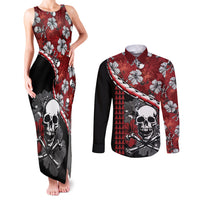 Hawaii Halloween Couples Matching Tank Maxi Dress and Long Sleeve Button Shirts Hibiscus Skull Kakau Pattern LT01 Red - Polynesian Pride