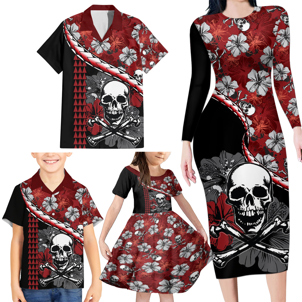 Hawaii Halloween Family Matching Long Sleeve Bodycon Dress and Hawaiian Shirt Hibiscus Skull Kakau Pattern LT01 - Polynesian Pride