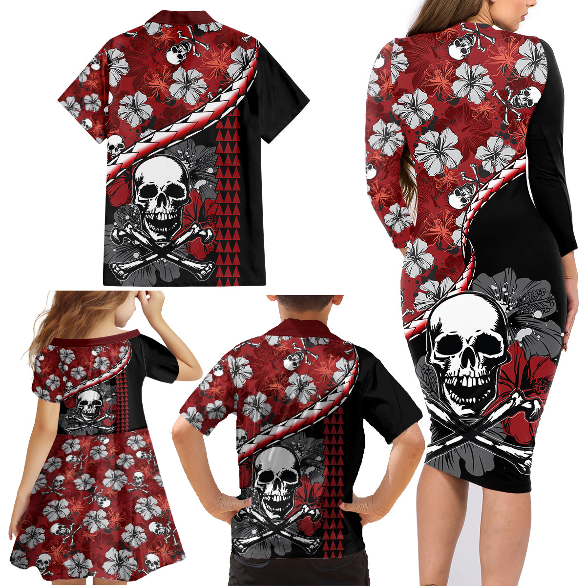 Hawaii Halloween Family Matching Long Sleeve Bodycon Dress and Hawaiian Shirt Hibiscus Skull Kakau Pattern LT01 - Polynesian Pride