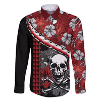 Hawaii Halloween Family Matching Long Sleeve Bodycon Dress and Hawaiian Shirt Hibiscus Skull Kakau Pattern LT01 Dad's Shirt - Long Sleeve Red - Polynesian Pride