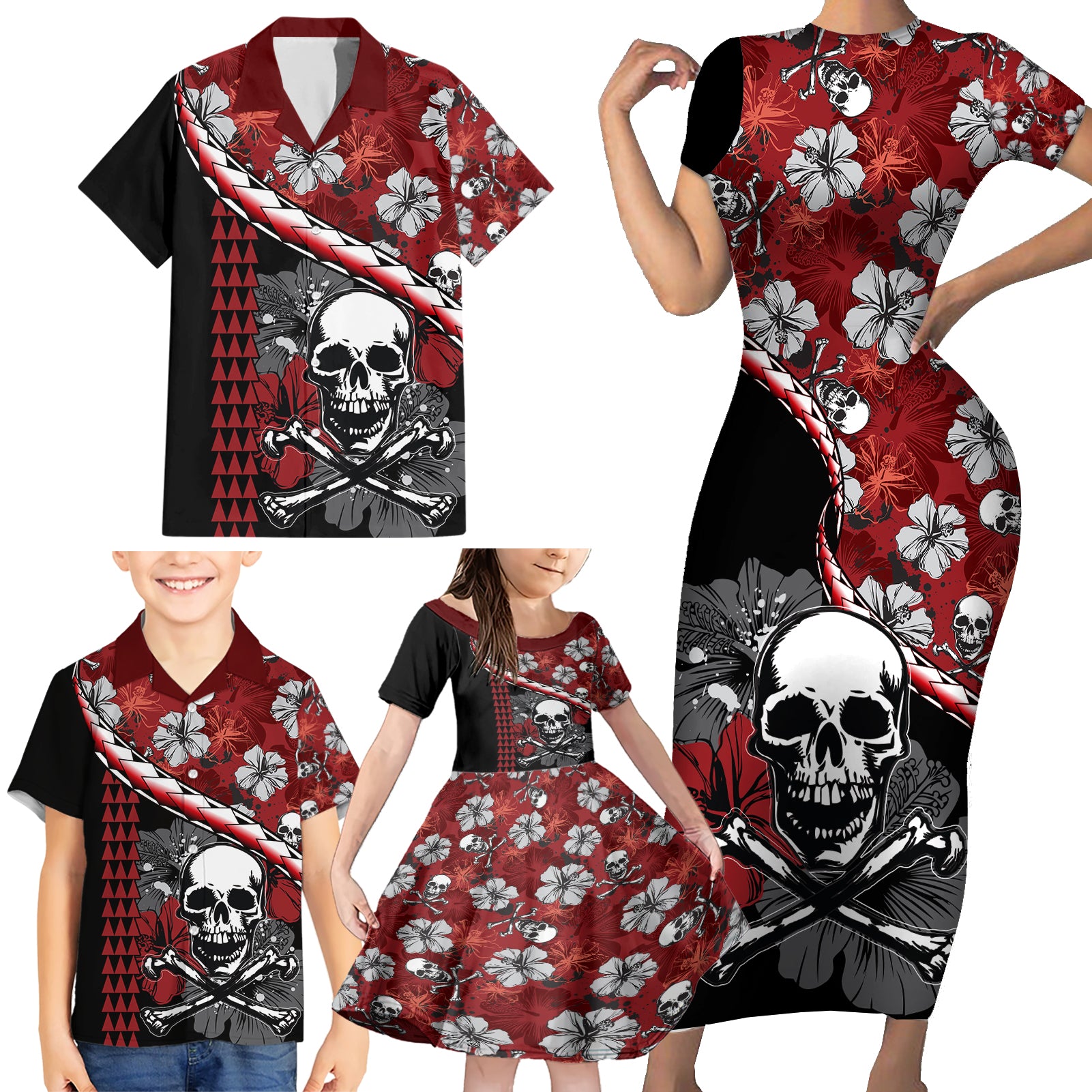 Hawaii Halloween Family Matching Short Sleeve Bodycon Dress and Hawaiian Shirt Hibiscus Skull Kakau Pattern LT01 - Polynesian Pride