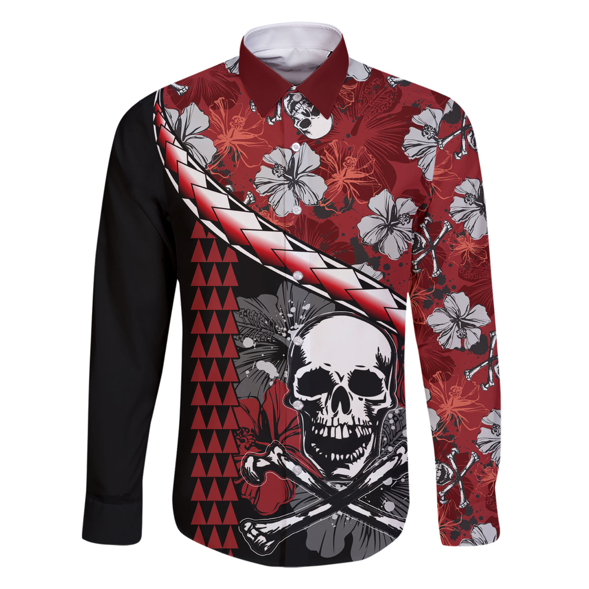 Hawaii Halloween Family Matching Short Sleeve Bodycon Dress and Hawaiian Shirt Hibiscus Skull Kakau Pattern LT01 Dad's Shirt - Long Sleeve Red - Polynesian Pride