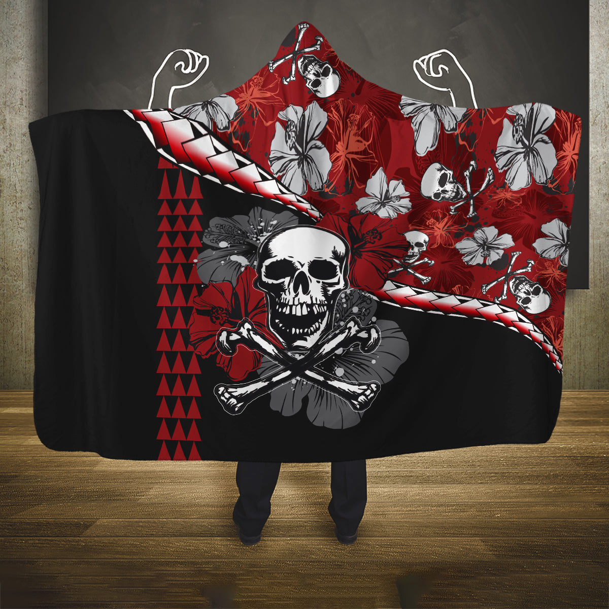 Hawaii Halloween Hooded Blanket Hibiscus Skull Kakau Pattern LT01 One Size Red - Polynesian Pride