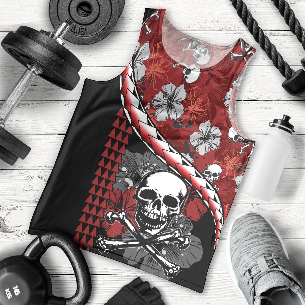 Hawaii Halloween Men Tank Top Hibiscus Skull Kakau Pattern LT01 Red - Polynesian Pride