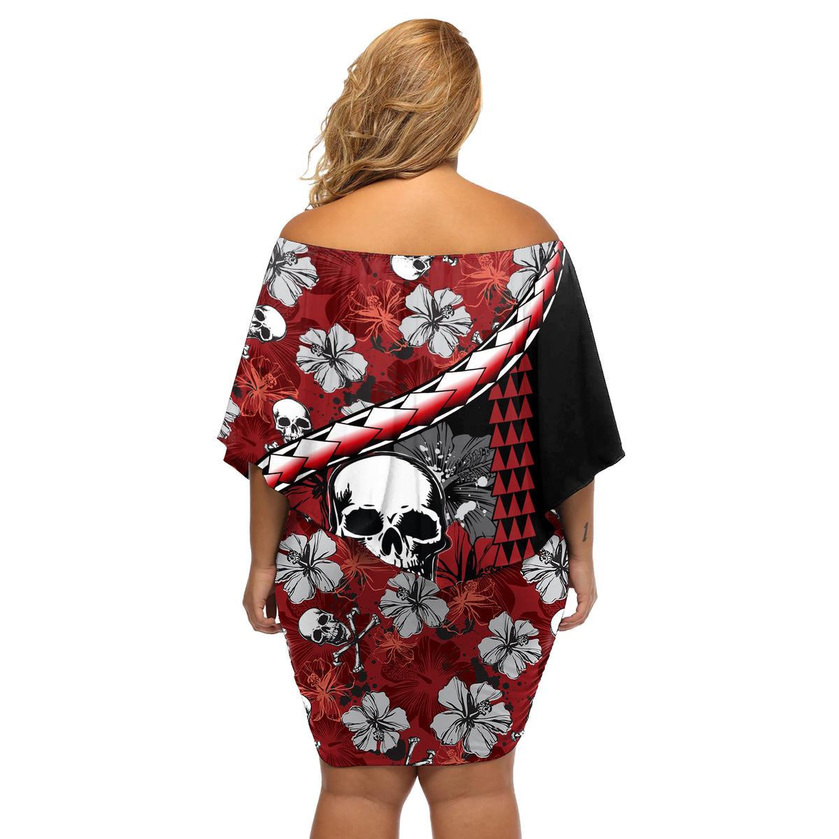 Hawaii Halloween Off Shoulder Short Dress Hibiscus Skull Kakau Pattern LT01 - Polynesian Pride