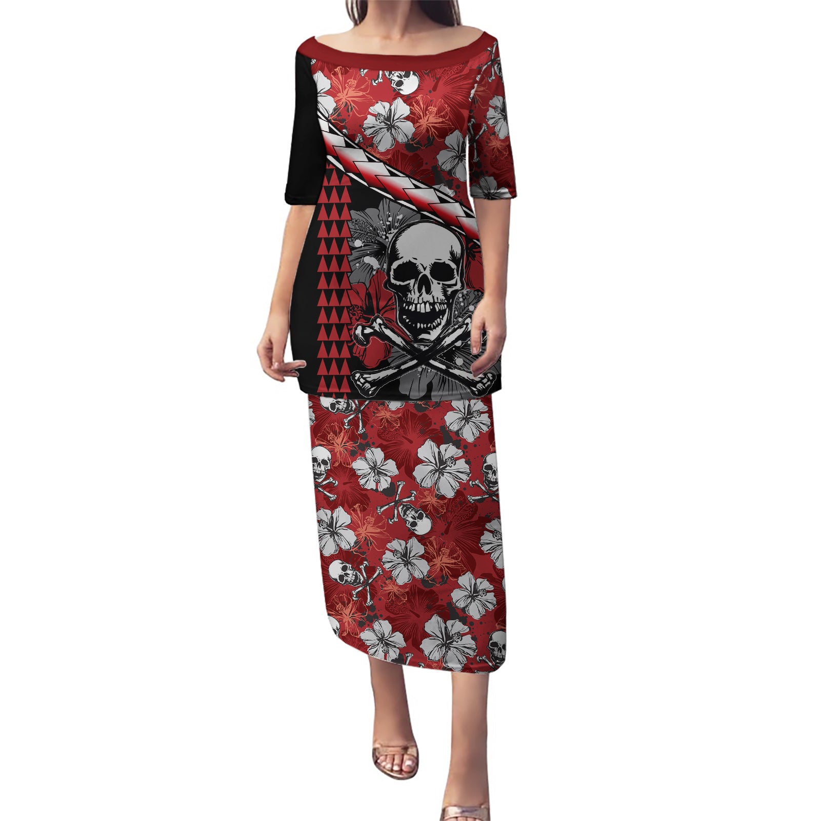 Hawaii Halloween Puletasi Hibiscus Skull Kakau Pattern LT01 Long Dress Red - Polynesian Pride