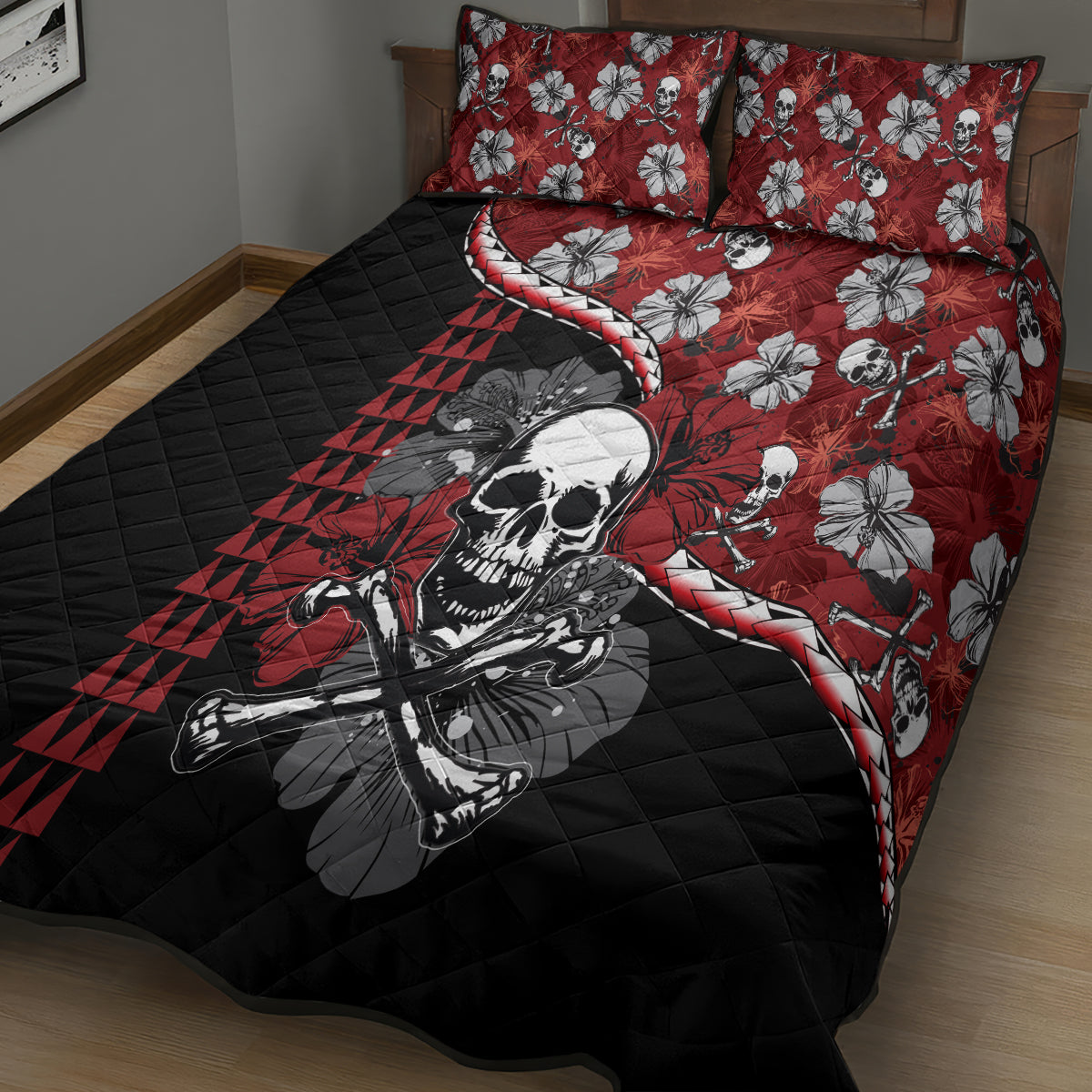 Hawaii Halloween Quilt Bed Set Hibiscus Skull Kakau Pattern LT01 - Polynesian Pride