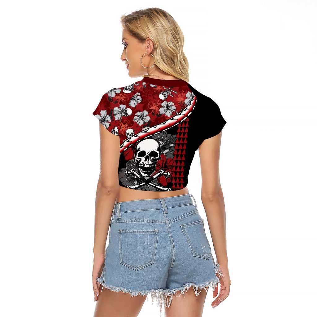 Hawaii Halloween Raglan Cropped T Shirt Hibiscus Skull Kakau Pattern LT01 - Polynesian Pride