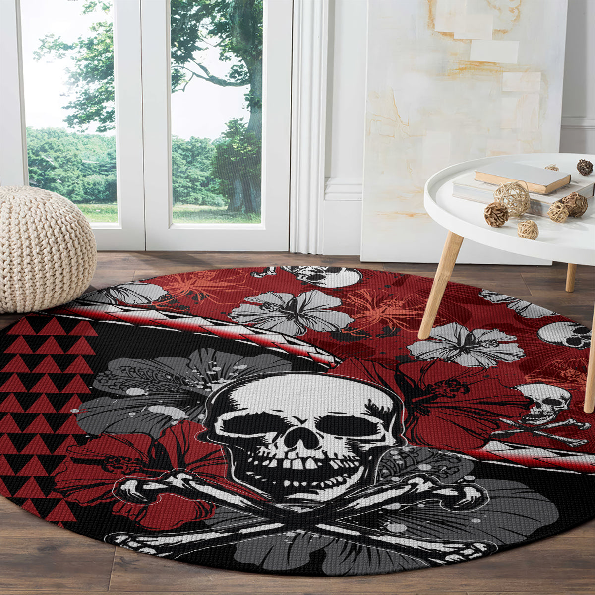 Hawaii Halloween Round Carpet Hibiscus Skull Kakau Pattern LT01 - Polynesian Pride